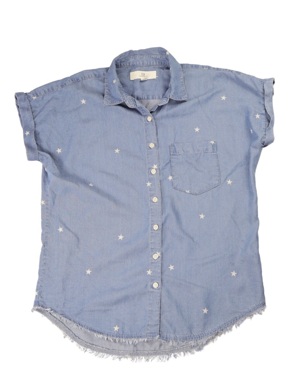 Thread & Supply XS Chambray Star Print Button Down Shirt Raw Hem Blue Top